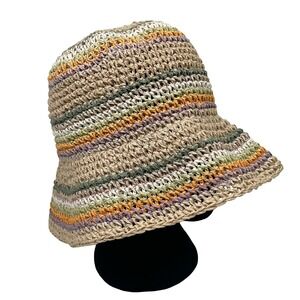 Vtg Woven 100% Paper Floppy Bucket Hat Pastel Stripe Y2K Boho‎ Chic Beach Surf